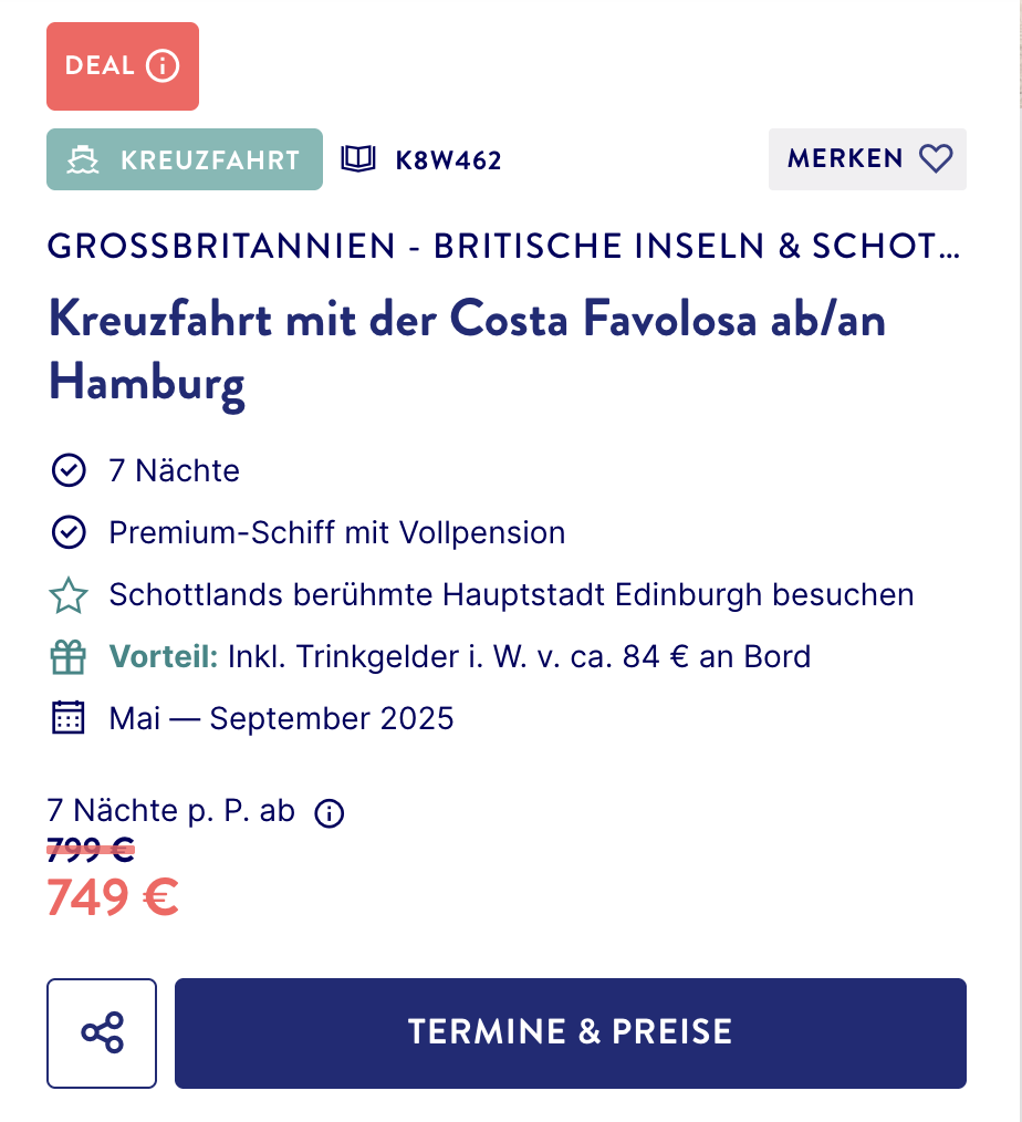 Schottland Reise: 8 Tage Kreuzfahrt ab Hamburg inkl. Vollpension ab 649€ p.P.
