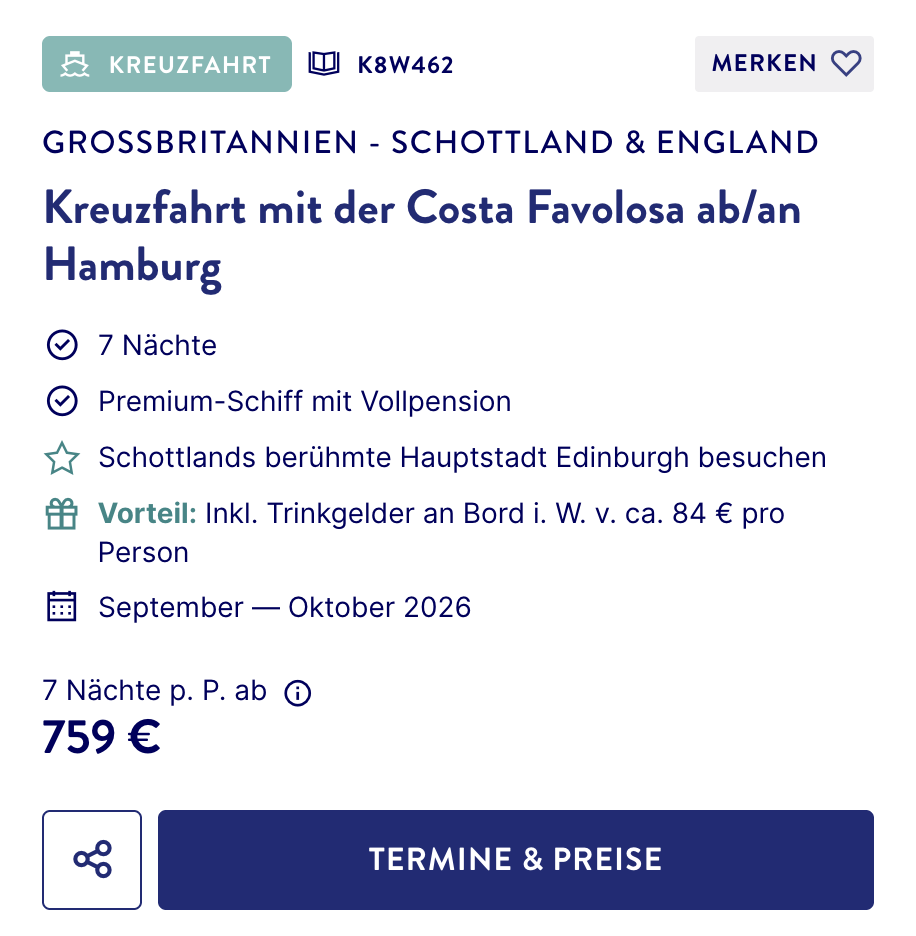 Schottland Reise: 8 Tage Kreuzfahrt ab Hamburg inkl. Vollpension ab 749€ p.P.
