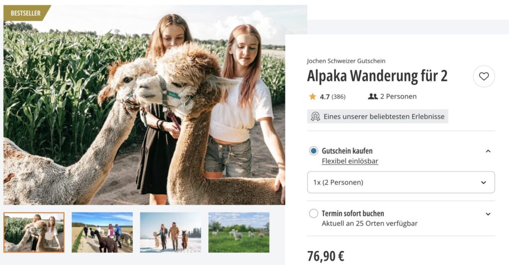 Alpaka Farm: Gutschein für eine Alpaka Wanderung für kurze Zeit nur 31€ p.P. (bei 2 Leuten)