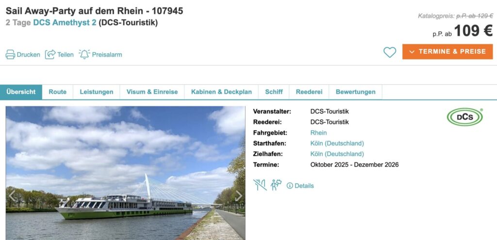Party Kreuzfahrt auf dem Rhein: 2 Tage in der Außenkabine inkl. Halbpension, Live Musik & Extras für 109€