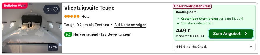 Übernachtung im Flugzeughotel: Luxussuite mit Sauna, Whirlpool, Terrasse & inkl. Frühstück ab 225€ p.P.