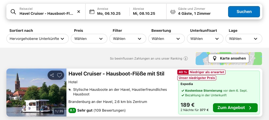 Hausboot Urlaub in Brandenburg: 3 Tage auf dem Havel Cruiser (kein Bootsführerschein nötig) ab 94€ p.P. (bei 4 Leuten)