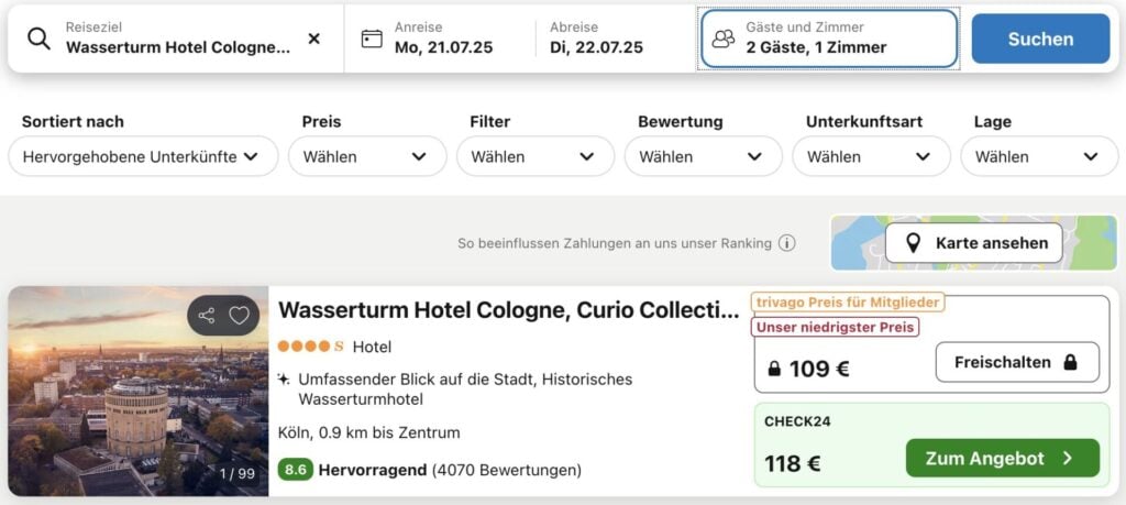 Hotel im Wasserturm Köln: 5* Hotel ab 59€ p.P.