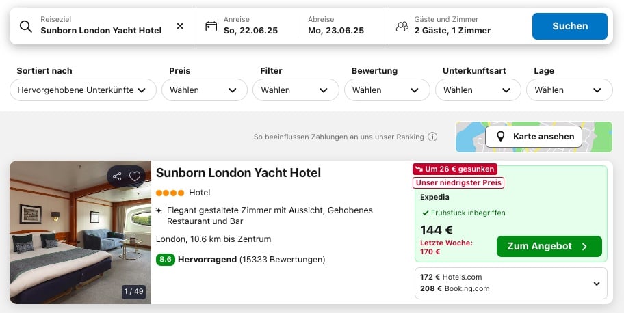 London Kurztrip: 4* Yachthotel ab 73€ p.P. bei 2 Leuten inkl. Frühstück