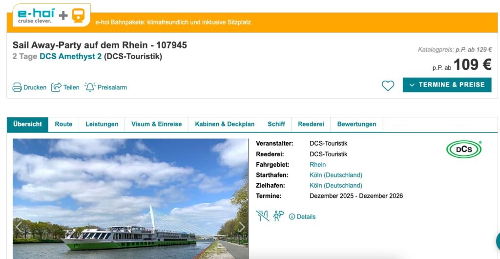 Party Kreuzfahrt auf dem Rhein: 2 Tage in der Außenkabine inkl. Halbpension, Live Musik & Extras für 109€ p.P.