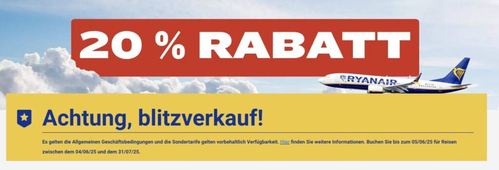 Sale bei Ryanair: 20% Rabatt und Flüge ab 14,99€