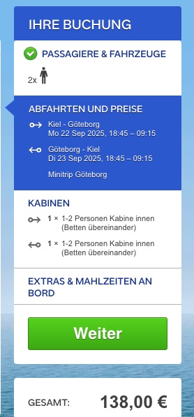 Skandinavien Kreuzfahrt: von Kiel nach Göteborg / ein ganzer Tag vor Ort ab 69€ p.P. (bei 2 Leuten)