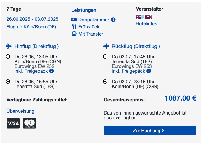 Teneriffa Urlaub: 1 Woche im 3* Hotel mit Frühstück, Flug & Transfer ab 544€ p.P. (bei 2 Leuten)