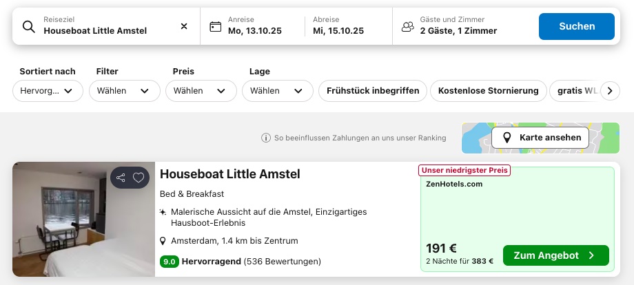 Hausboot mieten in Amsterdam: 3 Tage in top Lage ab 192€ p.P. (bei 2 Leuten)
