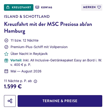 Kreuzfahrt Aktion: 12 Tage Island & Schottland mit Vollpension und All Inclusive Getränke Paket ab 1.599€ p.P.