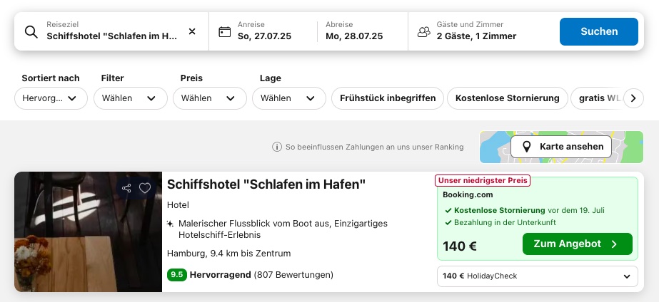 Kurzreise nach Hamburg: Übernachtung auf Schiffshotel im Hafen ab 70€ p.P. (DZ)