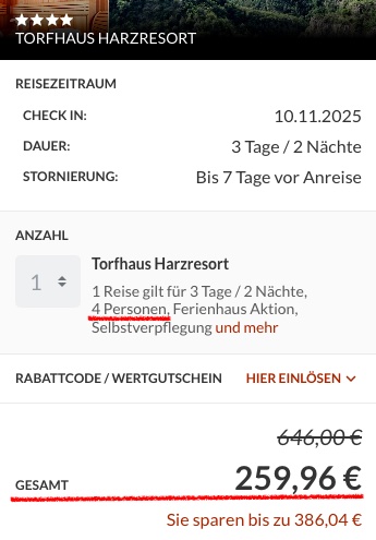 Kurzurlaub im Harz: 3 Tage in Lodge im 4* Resort ab 65€ p.P. (4 Leute)