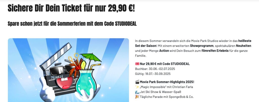 Movie Park Tagesticket mit 50% Rabatt = Gutschein für 29€