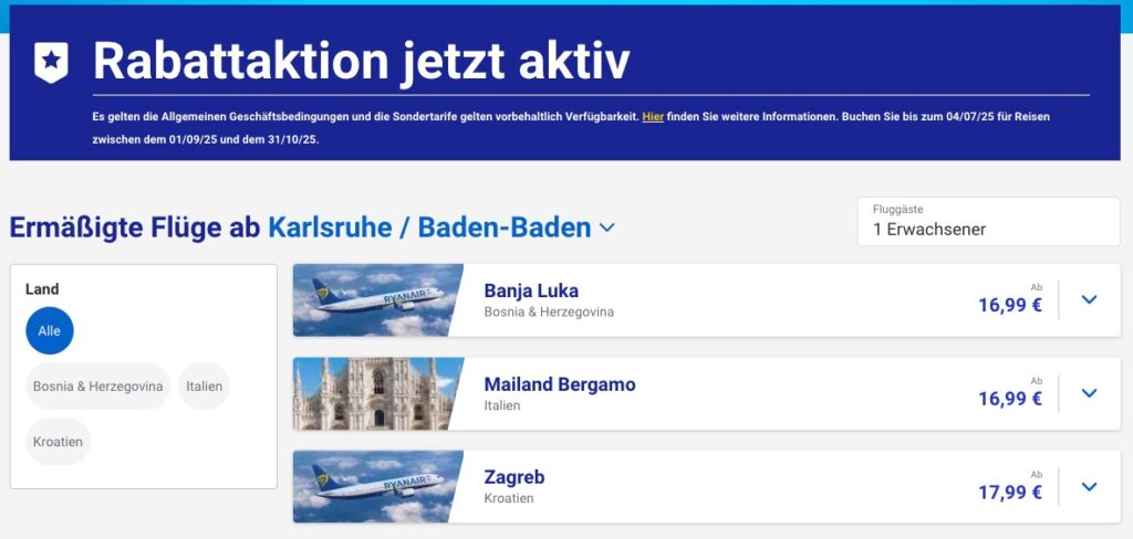 Sale bei Ryanair: 10% Rabatt = Flüge ab 14,99€