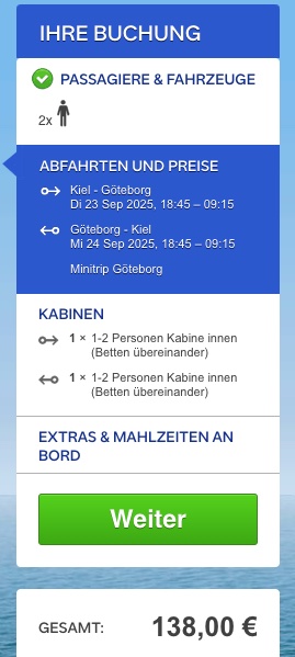 Skandinavien Kreuzfahrt: von Kiel nach Göteborg / ein ganzer Tag vor Ort ab 69€ p.P. (bei 2 Leuten)