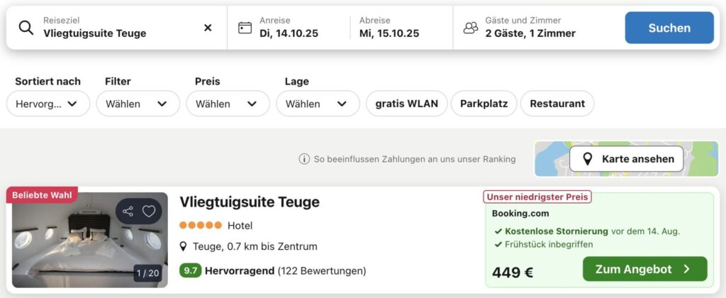 Übernachtung im Flugzeughotel: Luxussuite mit Sauna, Whirlpool, Terrasse & inkl. Frühstück ab 225€ p.P.