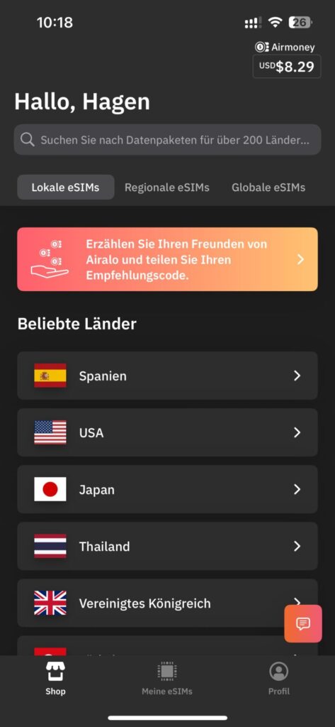 airalo Datenpakete für verschiedene Länder in der Übersicht
