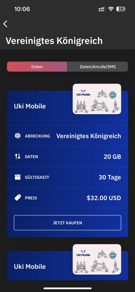 airalo Datenpaket für England