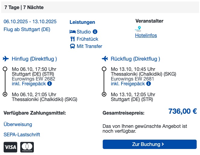 Chalkidiki Reise: 1 Woche im 3* Hotel mit Frühstück, Flug und Transfer ab 359€ p.P. (DZ)