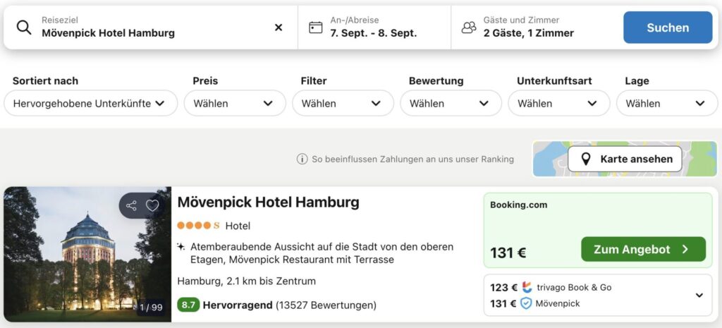Hamburg Kurzurlaub im Mövenpick Hotel: Übernachtung im top 4* Hotel + Frühstück ab 55€ p.P.