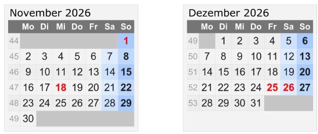 November & Dezember Feiertage
