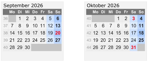 September & Oktober Feiertage