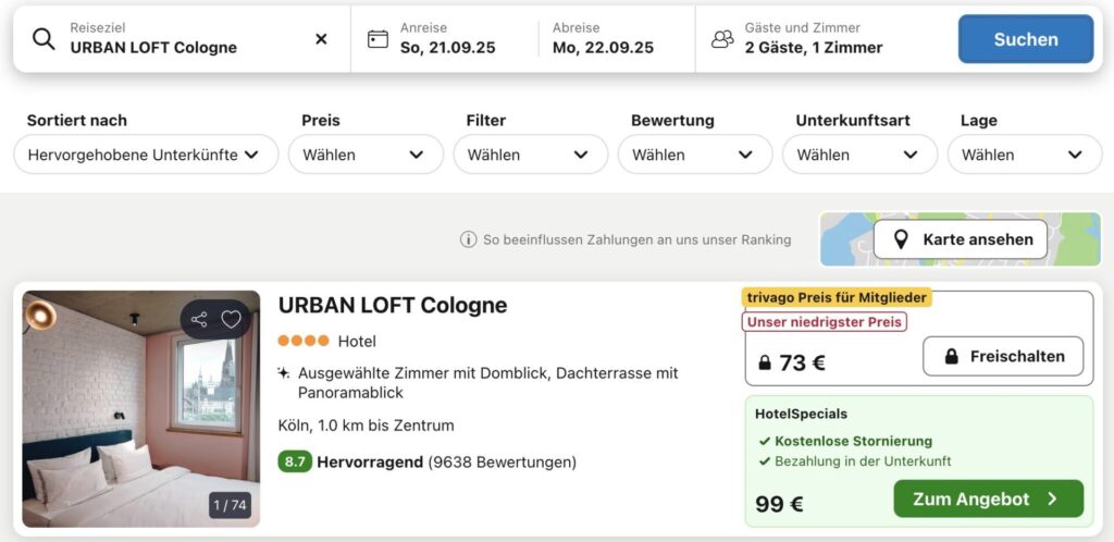 Köln Kurzreise: zentrales Hotel mit Frühstück und Dachterrasse mit Domblick ab 52€