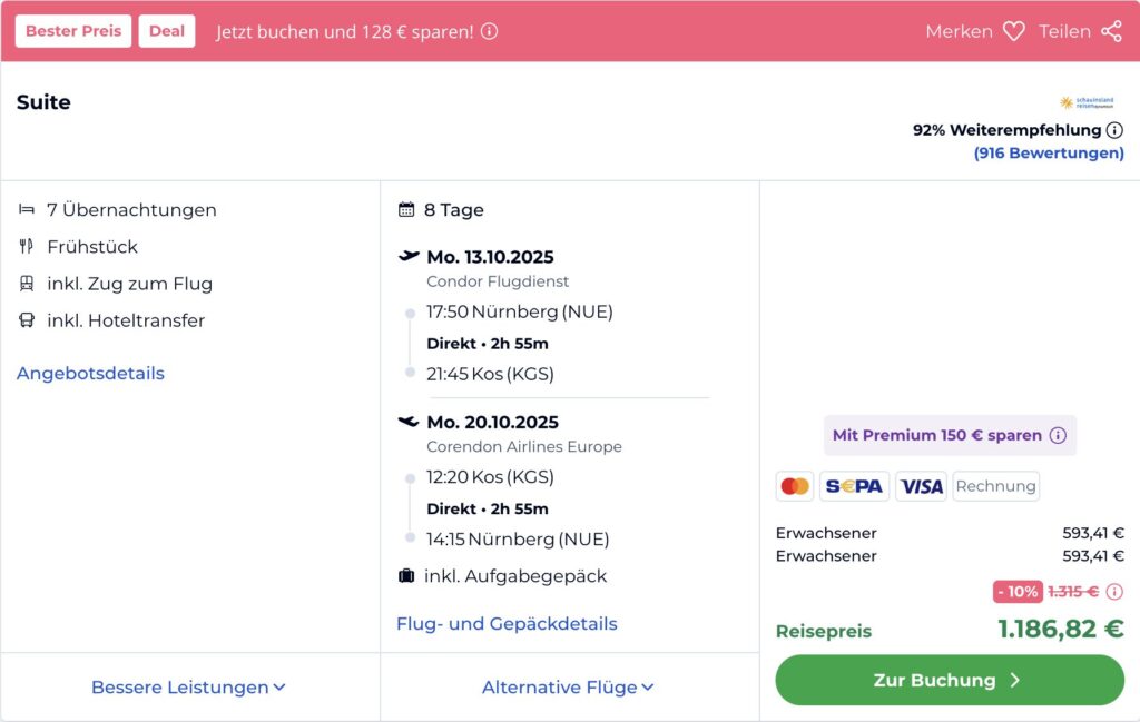 Kos Schnäppchen: 1 Woche inkl. Flug, Transfer & Frühstück ab 455€ p.P.