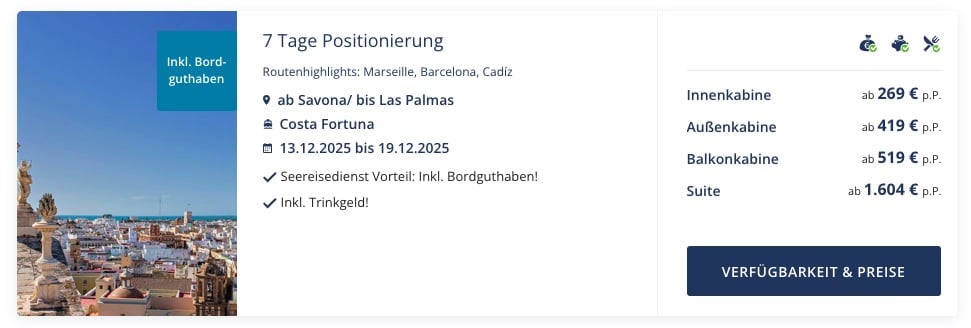 Kreuzfahrt Angebot: 7 Tage ab 269€ p.P. (bei 2 Leuten) inkl. Vollpension und Bordguthaben