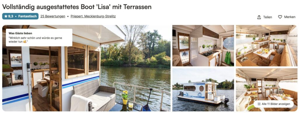 Kurzurlaub im Hausboot: 3 Tage auf dem Hausboot bei Rügen mit Dachterrasse, Sauna & Whirlpool ab 200€ p.P.