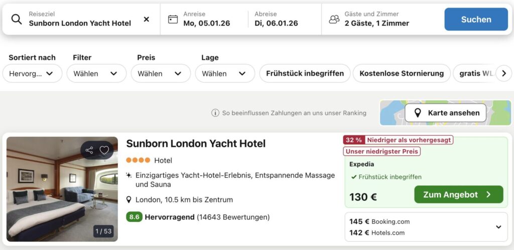 London Kurztrip: 4* Yachthotel ab 73€ p.P. bei 2 Leuten inkl. Frühstück