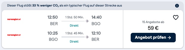 Norwegen Urlaub: Hin & Rückflug nach Bergen ab 59€