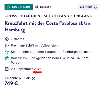 Schottland Reise: 8 Tage Kreuzfahrt ab Hamburg inkl. Vollpension ab 759€ p.P.