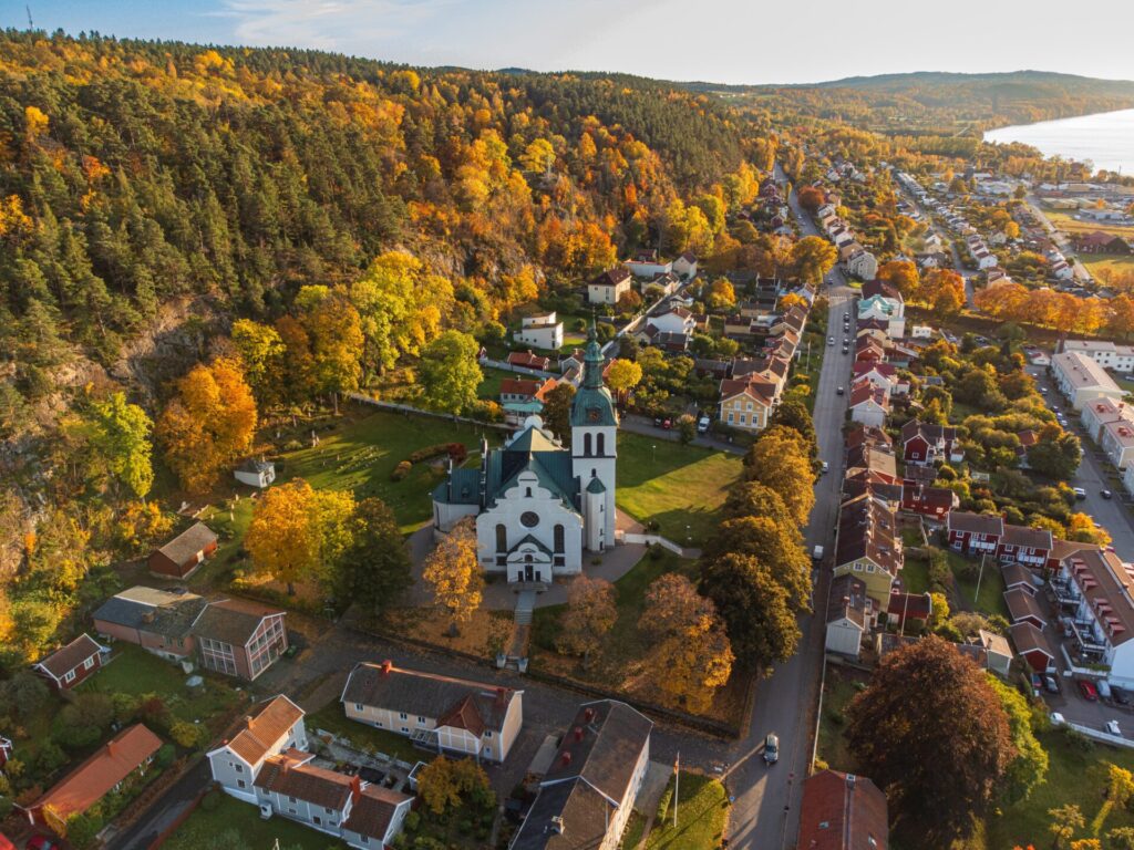 Gr‰nna,Church,In,Sweden,,Autumn,Colors,,At,Sunset,,Aerial,View.