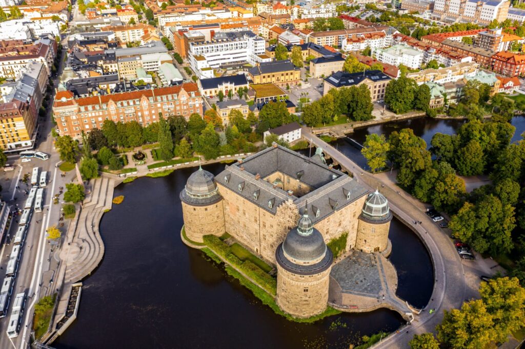 A,Drone,Shot,Of,The,Beautiful,Orebro,Castle,Surrounded,With