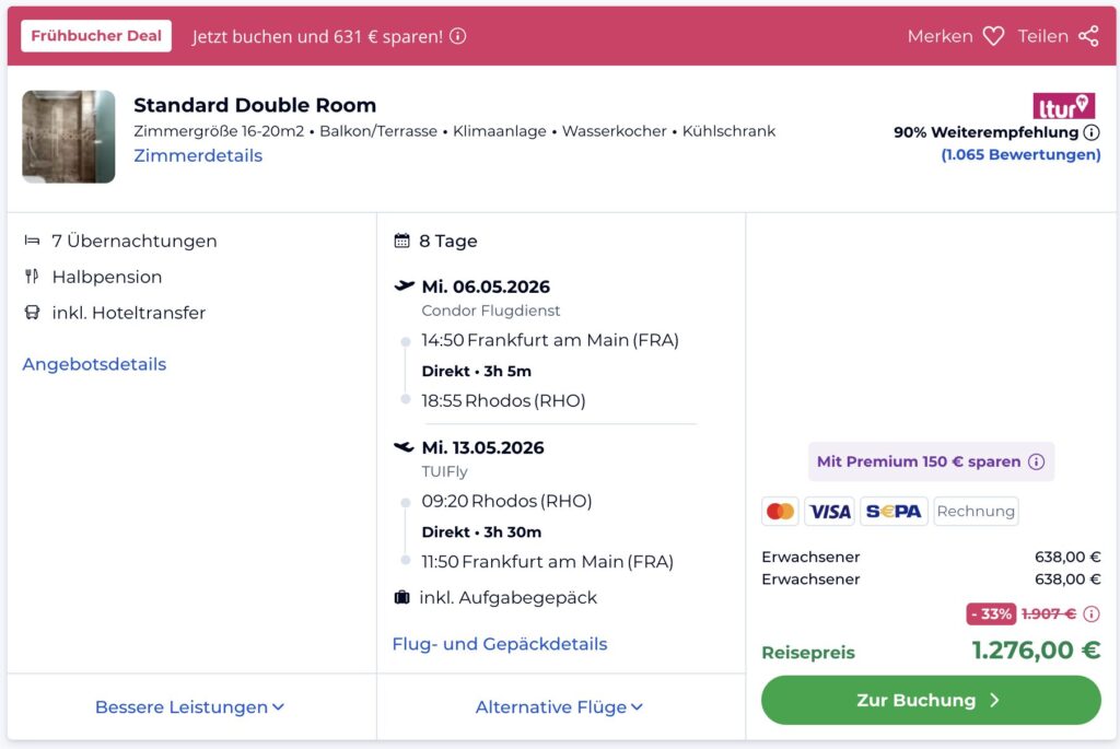 Rhodos Frühbucher : 1 Woche im 4* Hotel mit Halbpension & Flug ab 644€ p.P.