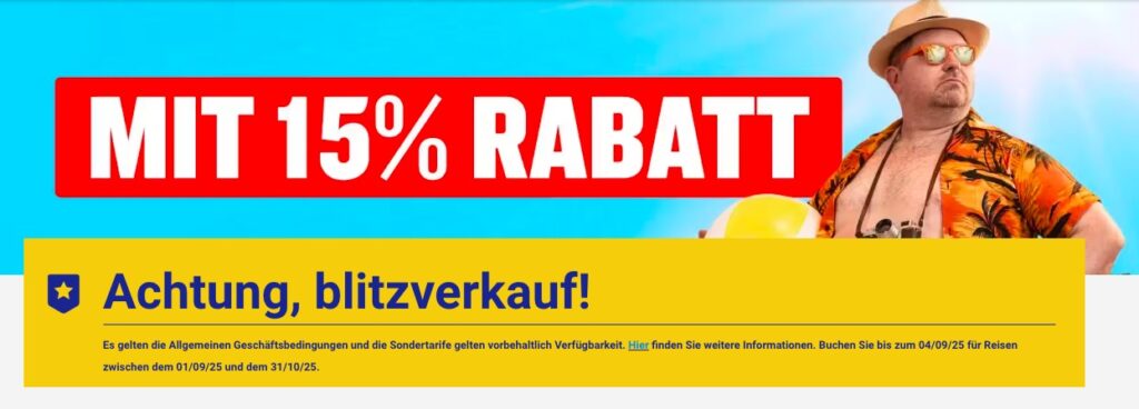 Sale bei Ryanair: 15% Rabatt Flüge ab 14,99€