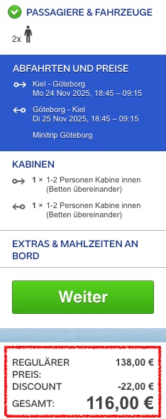 Skandinavien Kreuzfahrt: von Kiel nach Göteborg / ein ganzer Tag vor Ort ab 69€ p.P. (bei 2 Leuten)