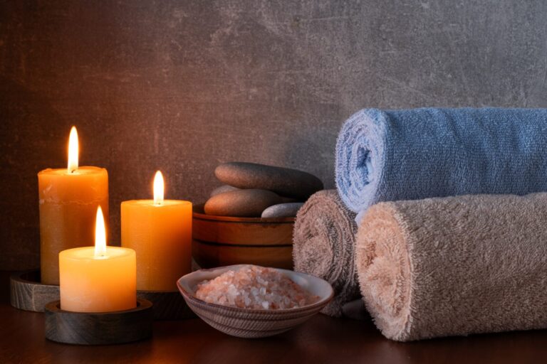 Spa,Still,Life,With,Towels,,Sea,Salt,And,Candles,On