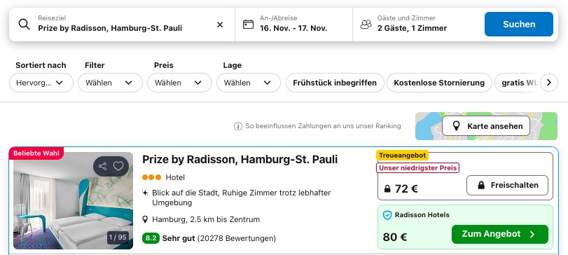 Weihnachtsmarkt in Hamburg: 3* Hotel auf St. Pauli nahe Santa Pauli Weihnachtsmarkt ab 39€ p.P. (DZ)