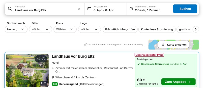 Burg Eltz: 3 Tage Hotel + Eintritt ab 88€ p.P. im DZ