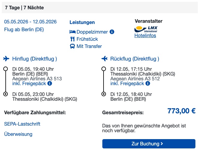 Chalkidiki Reise: 1 Woche im 4* Hotel mit Frühstück, Flug und Transfer ab 387€ p.P. (DZ)