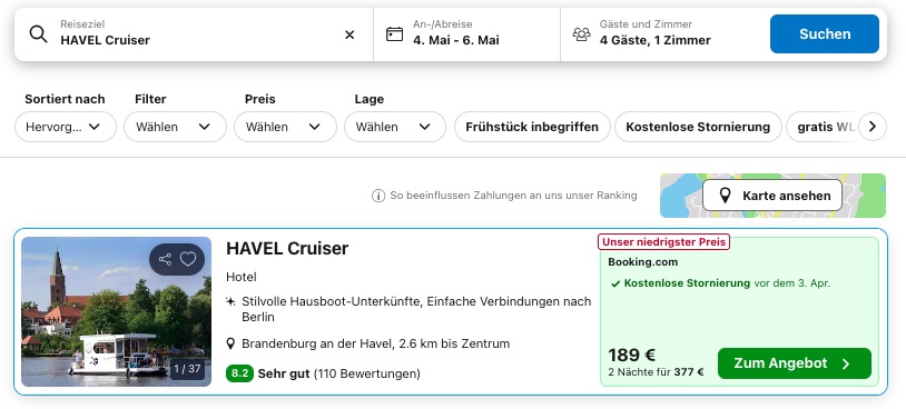 Hausboot Urlaub in Brandenburg: 3 Tage auf dem Havel Cruiser (kein Bootsführerschein nötig) ab 94€ p.P. (bei 4 Leuten)