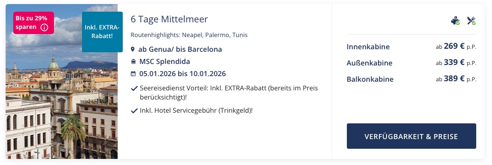 Kreuzfahrt Schnäppchen: 6 Tage Mittelmeer mit Vollpension ab 269€ p.P. (Doppelkabine)