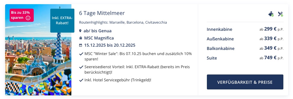 Mittelmeer Kreuzfahrt: 6 Tage Balkonkabine inkl. Vollpension ab 349€ p.P. / mit All In Getränkepaket ab 464€ p.P.
