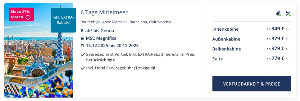 Mittelmeer Kreuzfahrt: 6 Tage inkl. Vollpension mit Balkonkabine ab 379€ p.P. (mit All In Getränkepaket ab 484€ p.P.)