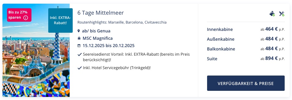 Mittelmeer Kreuzfahrt: 6 Tage inkl. Vollpension mit Balkonkabine ab 379€ p.P. (mit All In Getränkepaket ab 484€ p.P.)