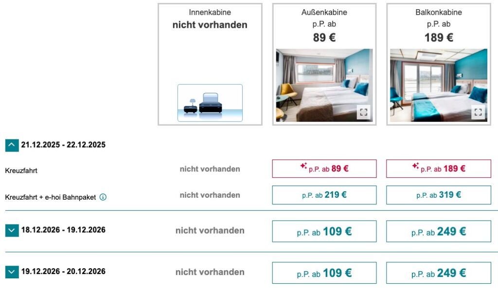 Party Kreuzfahrt auf dem Rhein: 2 Tage in der Außenkabine inkl. Halbpension, Live Musik & Extras für 89€ p.P.