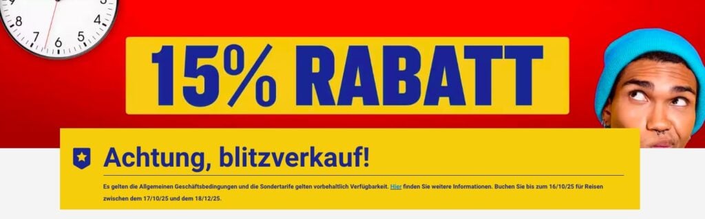 Sale bei Ryanair: 15% Rabatt Flüge ab 15€