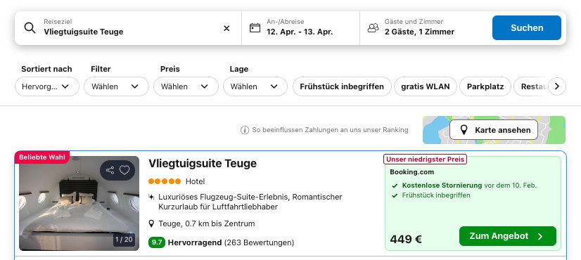 Übernachtung im Flugzeughotel: Luxussuite mit Sauna, Whirlpool, Terrasse & inkl. Frühstück ab 225€ p.P.